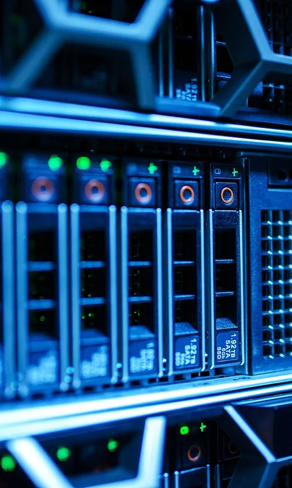 Nærbillede af serverdiske med grønne statuslys i et datacenter